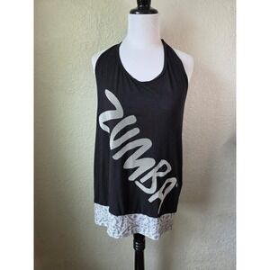 Zumba Black Halter Tank Top XXLarge Graphic Print Lace Trim Activewear